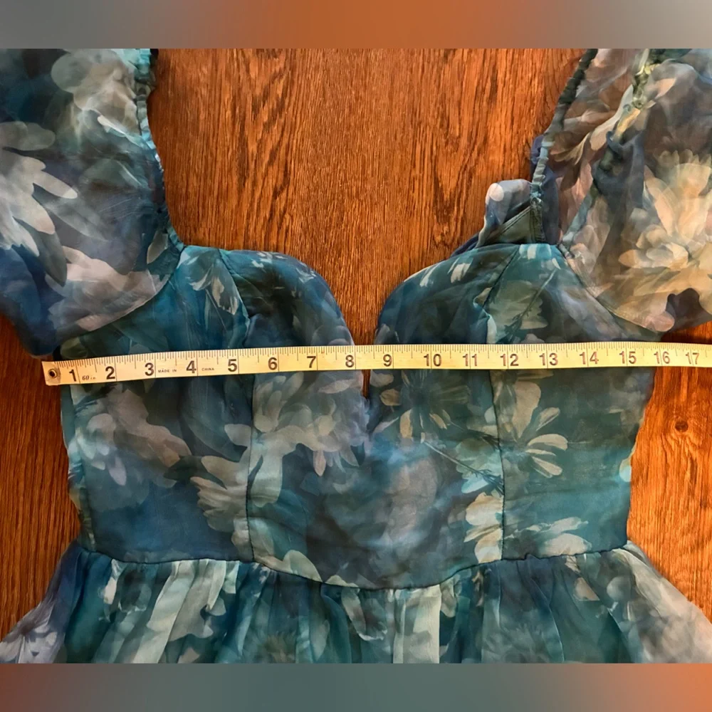 Lulus Lovely Statement Teal Blue Floral Organza Tie-Back Midi Dress - Size M - Picture 16 of 16